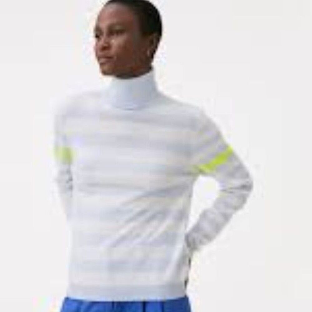 Brodie Cashmere Striped Turtleneck Sweater, Light Blue/White/Neon Yellow, Size S